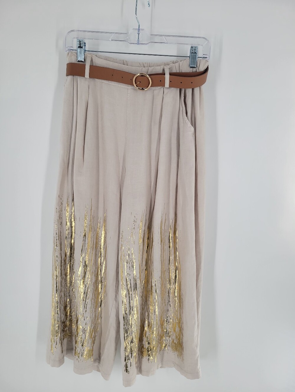 Angela Mara Cropped Palazzo Pants Tan Gold Half Elastic Waist Size M New Italy